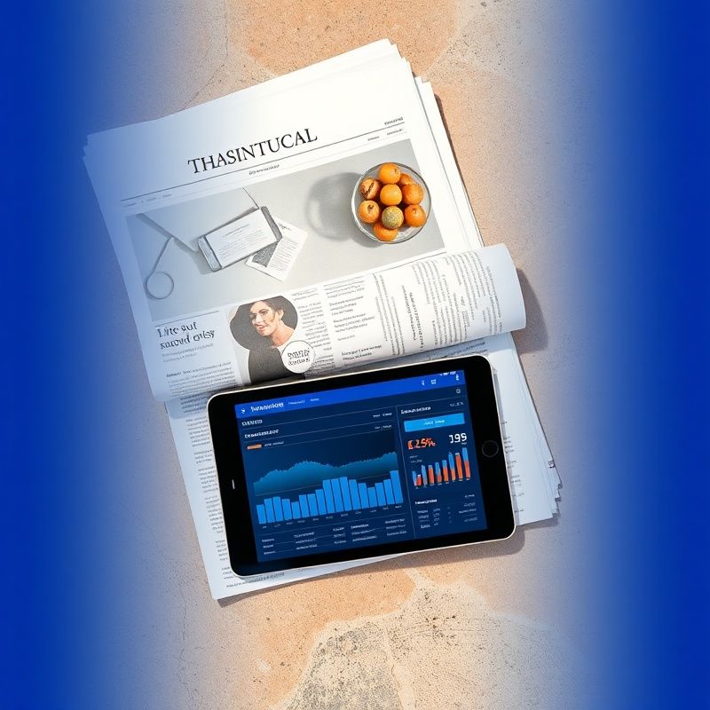 Financijske novine i tablet s indigo dashboardom na kamenoj površini